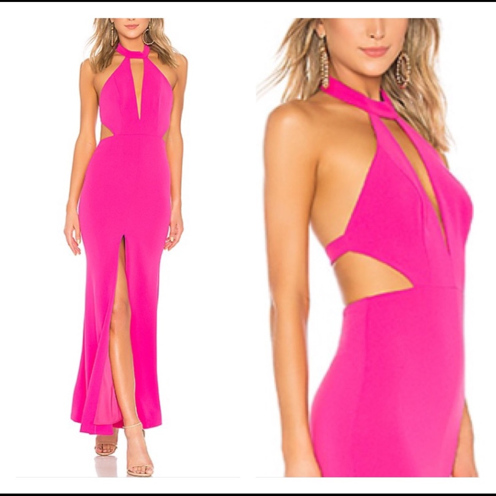 LOVERS+FRIENDS Fuchsia MAYLA Keyhole Waist Cut-Out Banded Back Halter Gown Dress